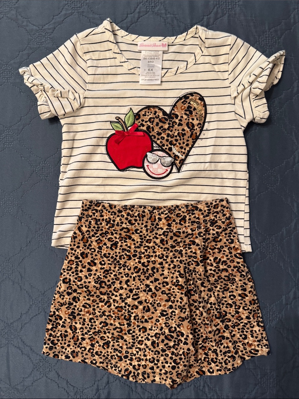 Bonnie Jean Cream Striped Tee & Leopard Skirt - Red Accent